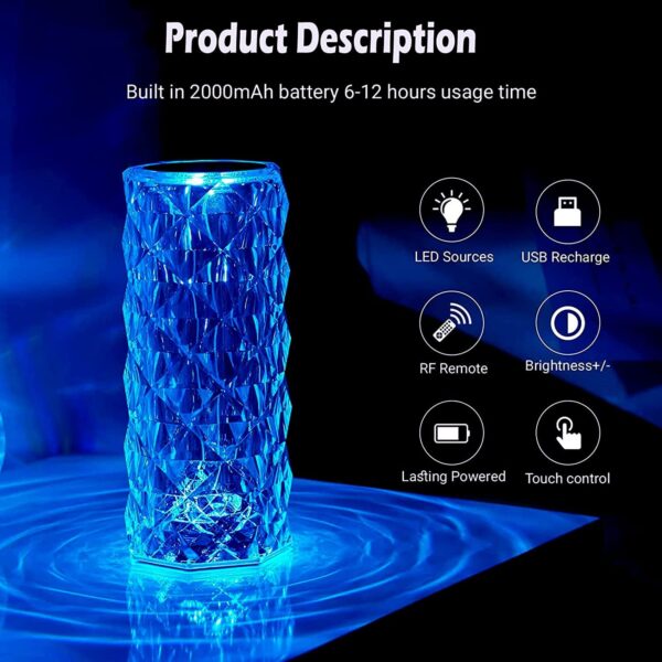 Crystal Lamp,16 Color Changing Rose Crystal Diamond Table Lamp,USB Rechargeable Touch Bedside Lamp Night Light with Remote Control, for Bedroom Living Room Party Dinner Decore - Image 3