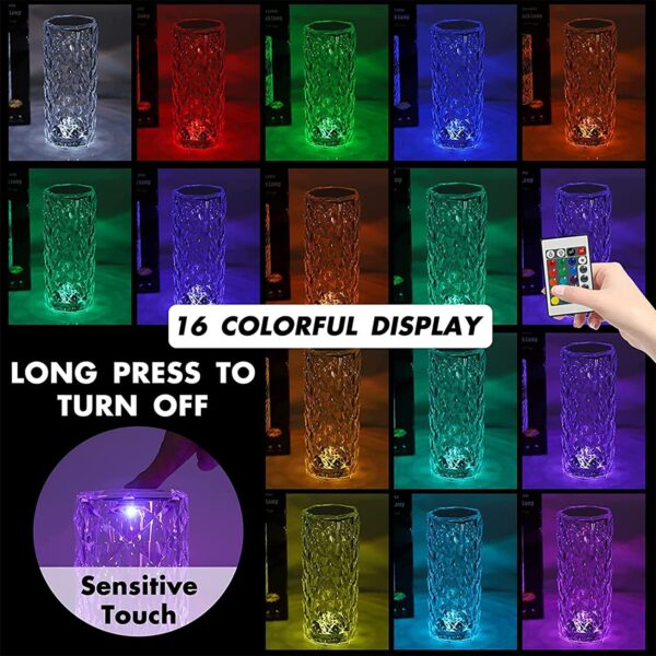 Crystal Lamp,16 Color Changing Rose Crystal Diamond Table Lamp,USB Rechargeable Touch Bedside Lamp Night Light with Remote Control, for Bedroom Living Room Party Dinner Decore - Image 2